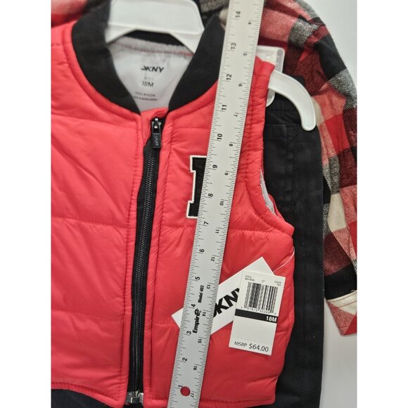 DKNY‎  Size 18M Set Of 3, Red Vest/ Black Pants/ Red Plaid Button Up Long Sleeve - Picture 15 of 15